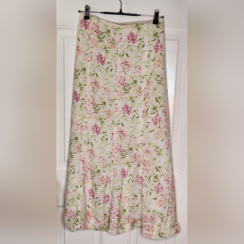 CJ Banks Pink and Green Floral Linen Blend Skirt 20W (waist-42" & 37 length)